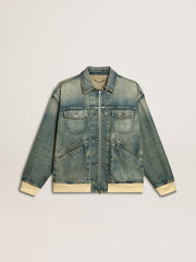 Men's washed denim jacket with wool blend ribbing