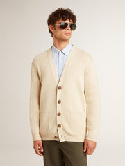 Men’s beige cardigan with 'Golden' lettering on the back