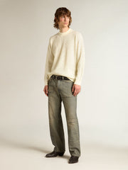 Men's crew-neck sweater in white merino wool with all-over crystals
