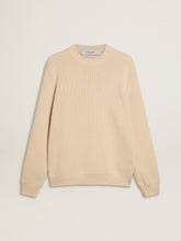 Men’s beige crew neck sweater with ‘Golden’ lettering on the back