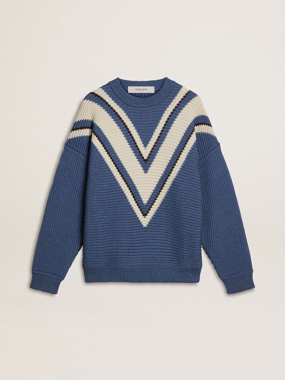 Men's light blue jacquard wool sweater with cream-colored pattern