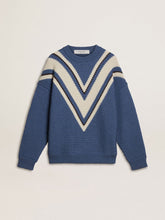 Men's light blue jacquard wool sweater with cream-colored pattern