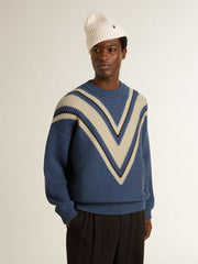Men's light blue jacquard wool sweater with cream-colored pattern