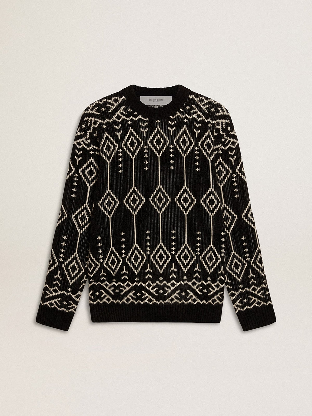 Men’s crew neck wool blend sweater with jacquard argyle design