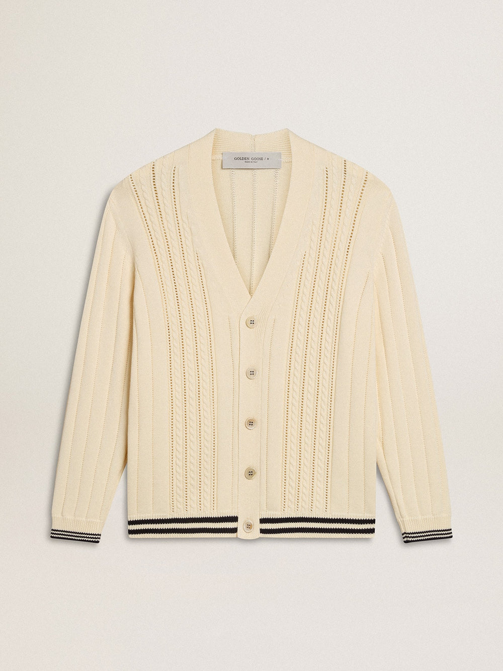 Men's white cotton cardigan with a cable pattern and blue ribbing