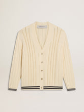 Men's white cotton cardigan with a cable pattern and blue ribbing