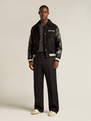 Men's round-neck sweater in dark gray mélange wool