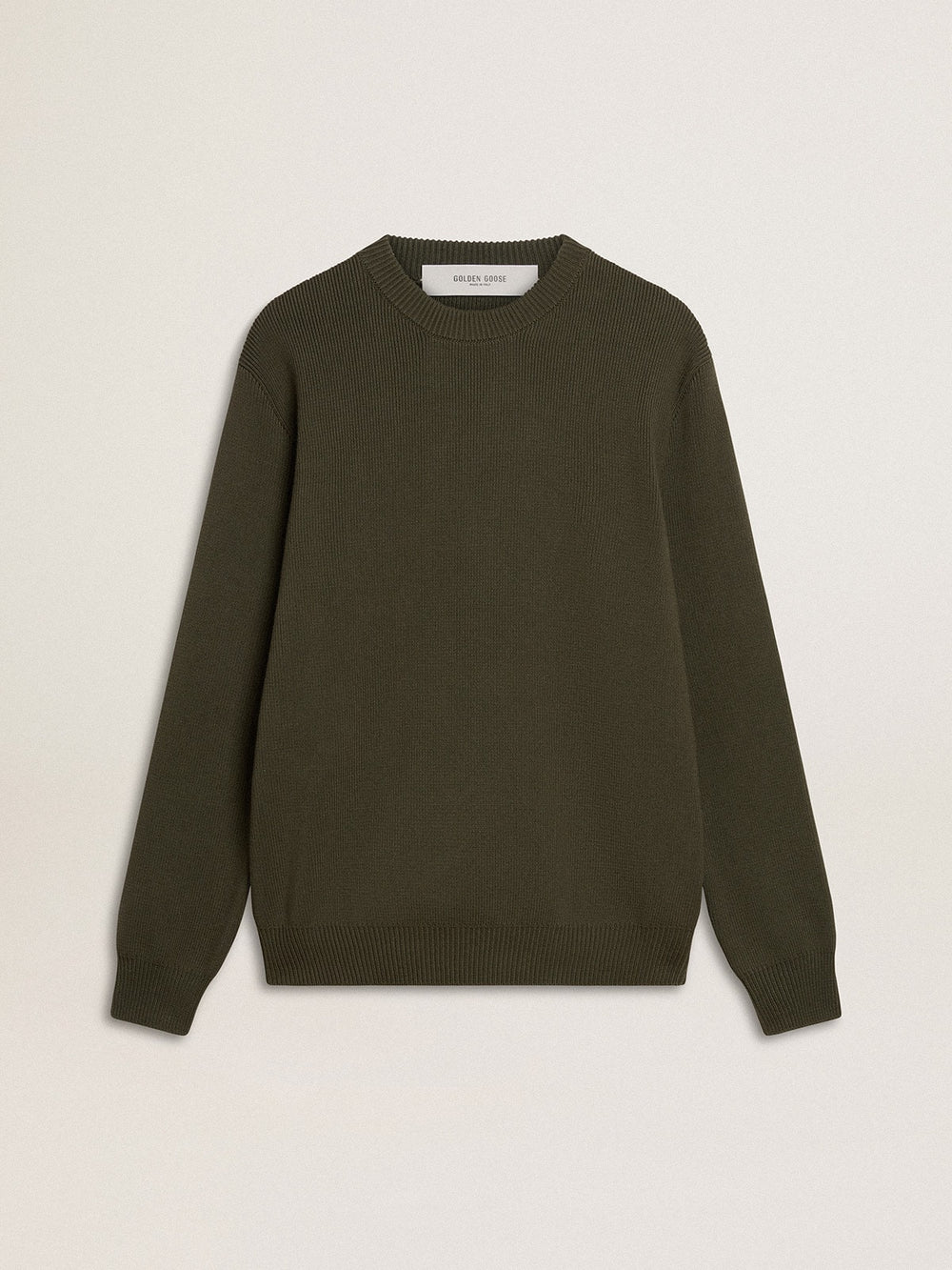 Men's military green crew neck sweater with 'Golden' lettering on the back