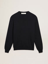 Men's round-neck sweater in dark blue cotton with logo