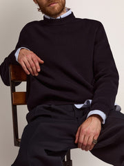 Men's round-neck sweater in dark blue cotton with logo