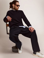 Men's round-neck sweater in dark blue cotton with logo