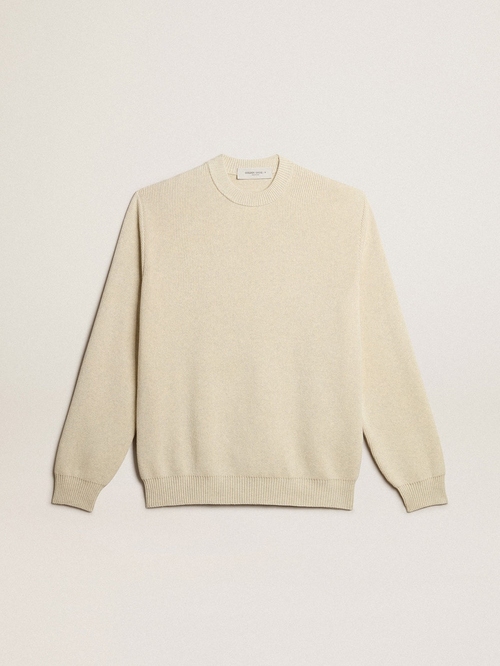 Men’s round-neck sweater in panama-colored cotton with logo on the back