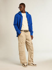 Men's blue-colored hoodie with lettering on the back