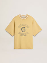 Men's oversized yellow cotton T-shirt with blue print