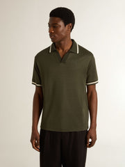 Men's military-green jersey polo with embroidery