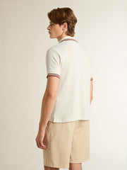 Men's polo shirt in white perforated knit with burgundy striped details