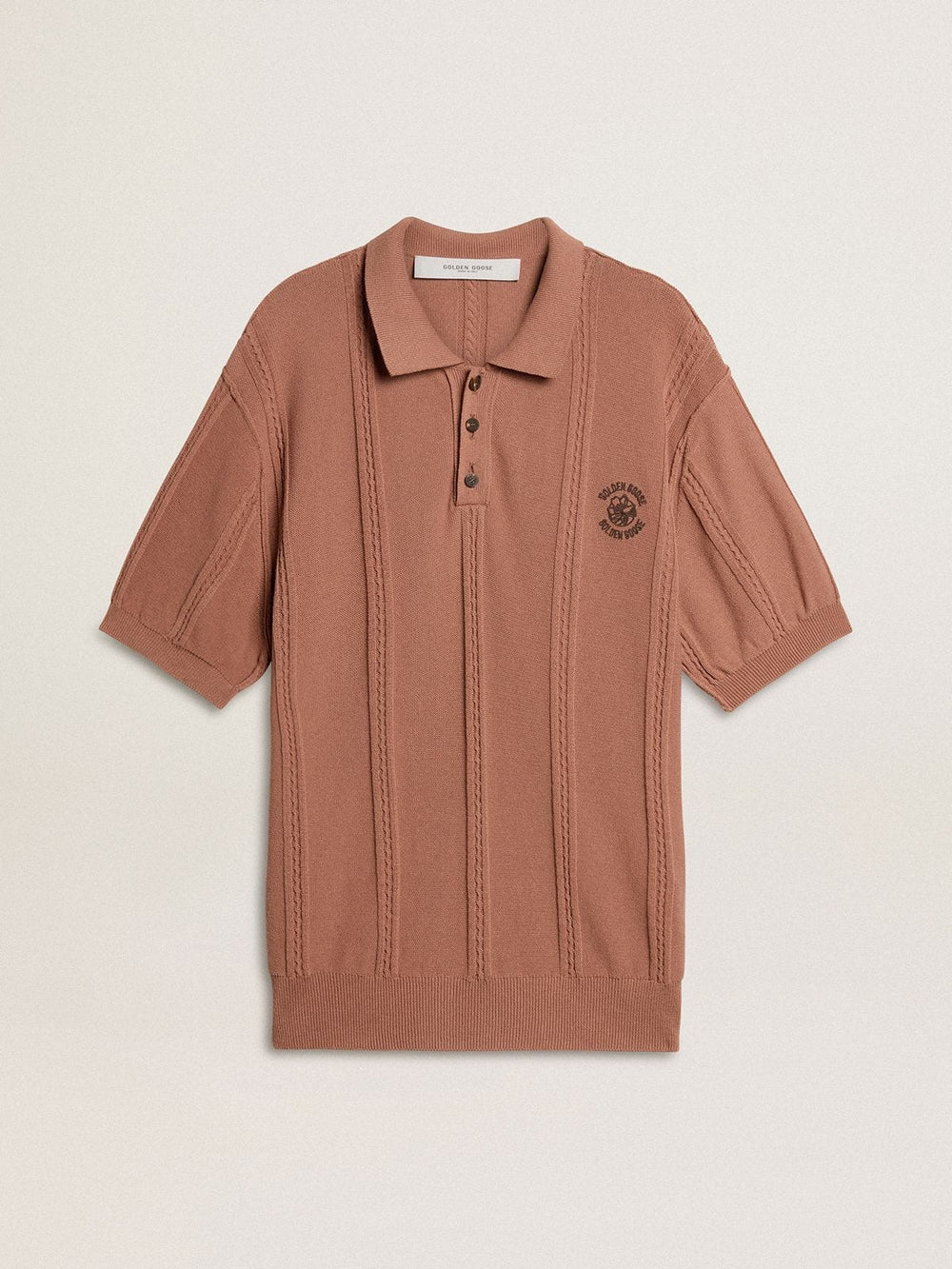 Men's brick-colored polo with embroidered logo.
