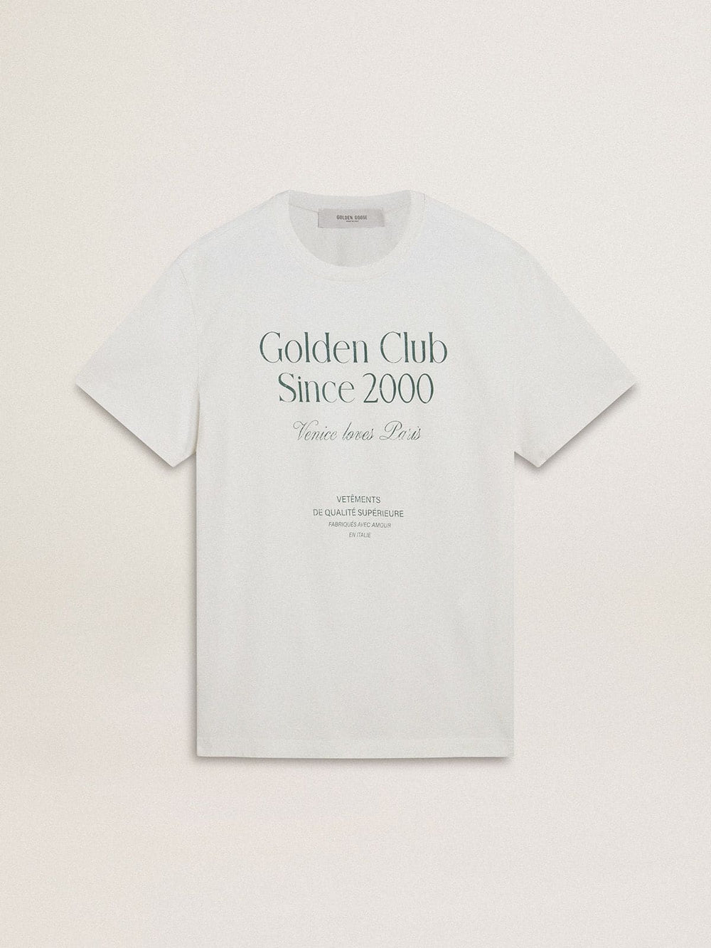 Men's white cotton T-shirt with green print