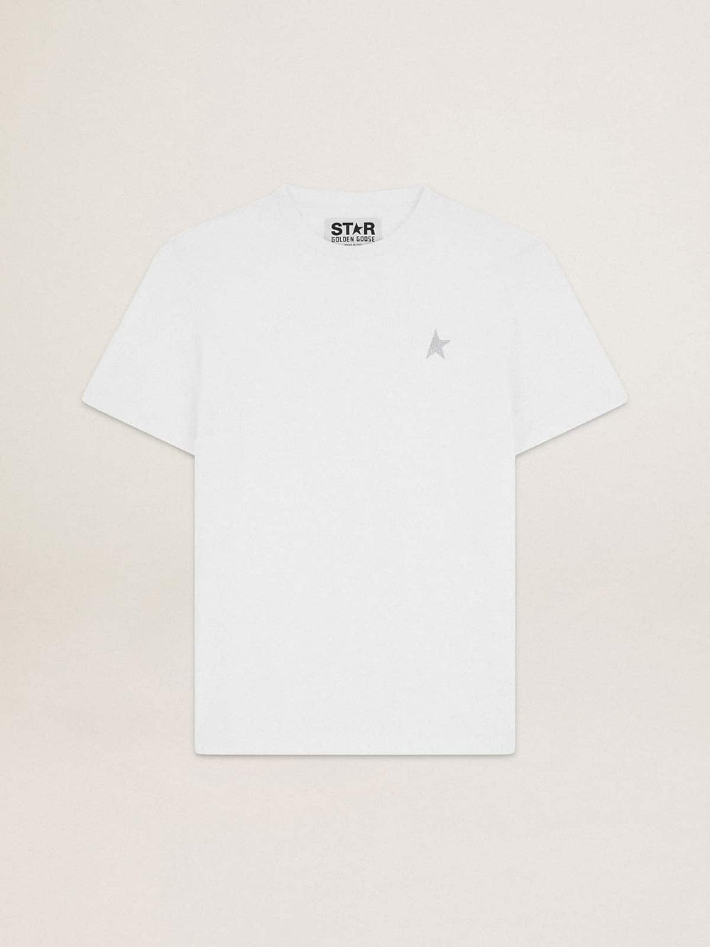 Men's white T-shirt with silver glitter star on the front
