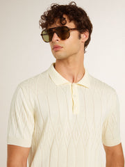Men's white jacquard knit polo shirt