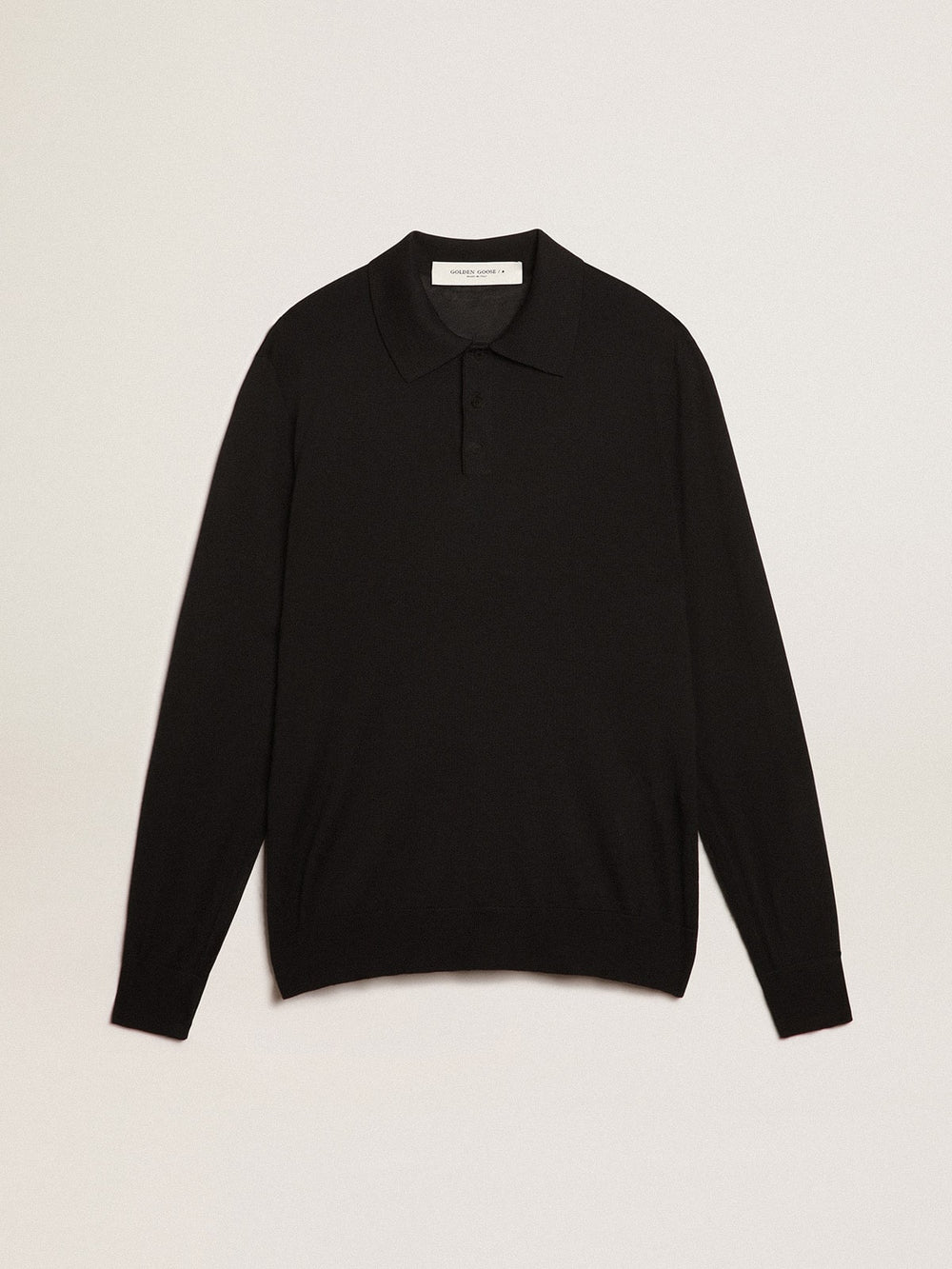 Men’s long-sleeved polo shirt in black merino wool