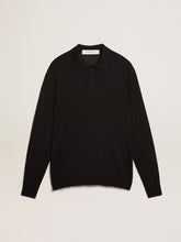 Men’s long-sleeved polo shirt in black merino wool