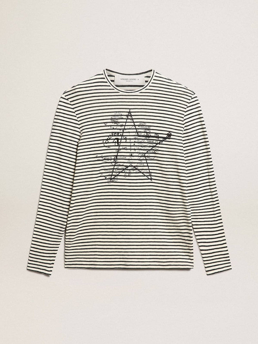 Men's T-shirt with white and blue stripes and embroidery on the front