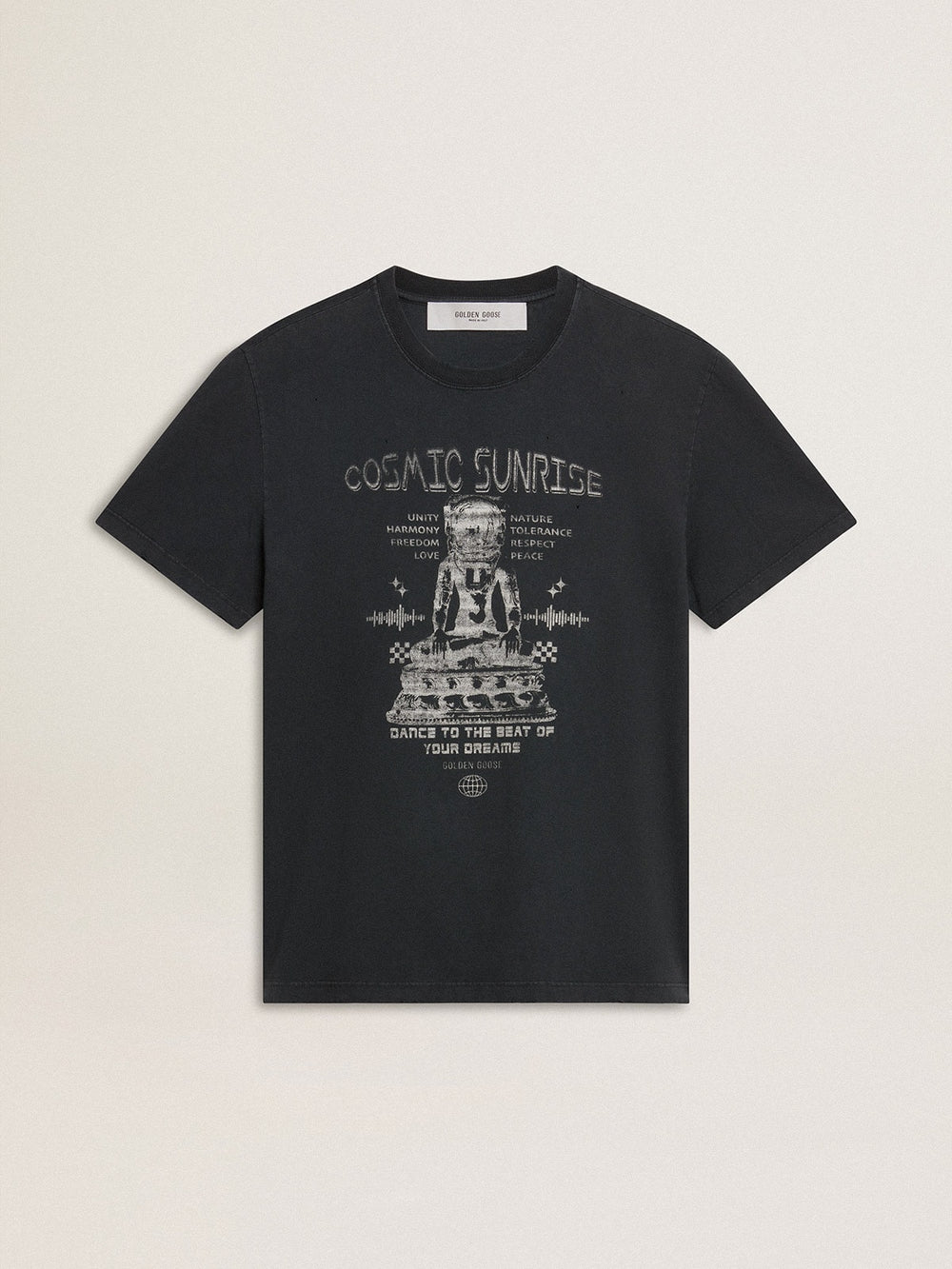 Men’s worn-black cotton T-shirt with print on the front