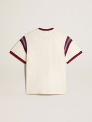 Men’s white T-shirt with burgundy lettering on the front