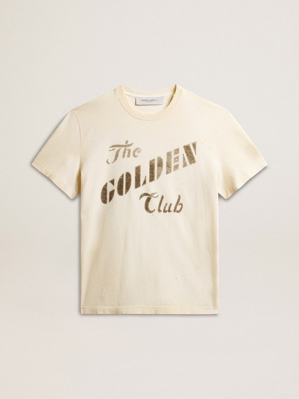 Men's aged white cotton T-shirt with gold print