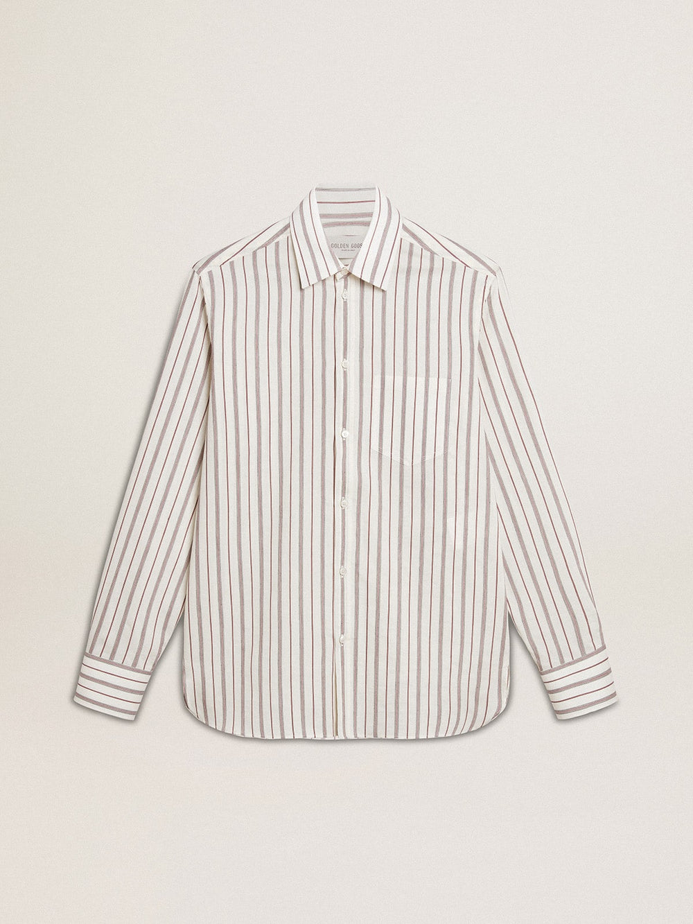 Men's white cotton shirt with fine burgundy stripes