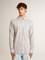 Men's white cotton shirt with fine burgundy stripes