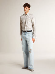 Men's white cotton shirt with fine burgundy stripes