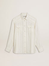 Men’s oversized worn-white shirt with vertical stripes
