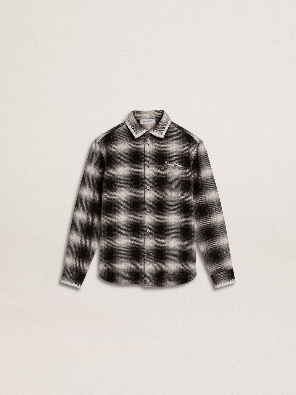 Kids' black and white checked shirt with white embroidery