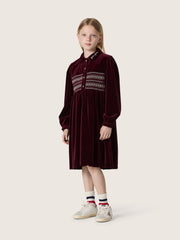 Girls’ burgundy velvet-effect dress with embroidery on the front