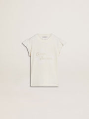 Girls' T-shirt with ruffled sleeves with lettering and embroidery
