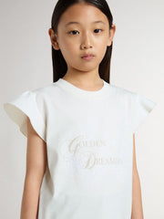 Girls' T-shirt with ruffled sleeves with lettering and embroidery