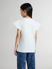 Girls' T-shirt with ruffled sleeves with lettering and embroidery
