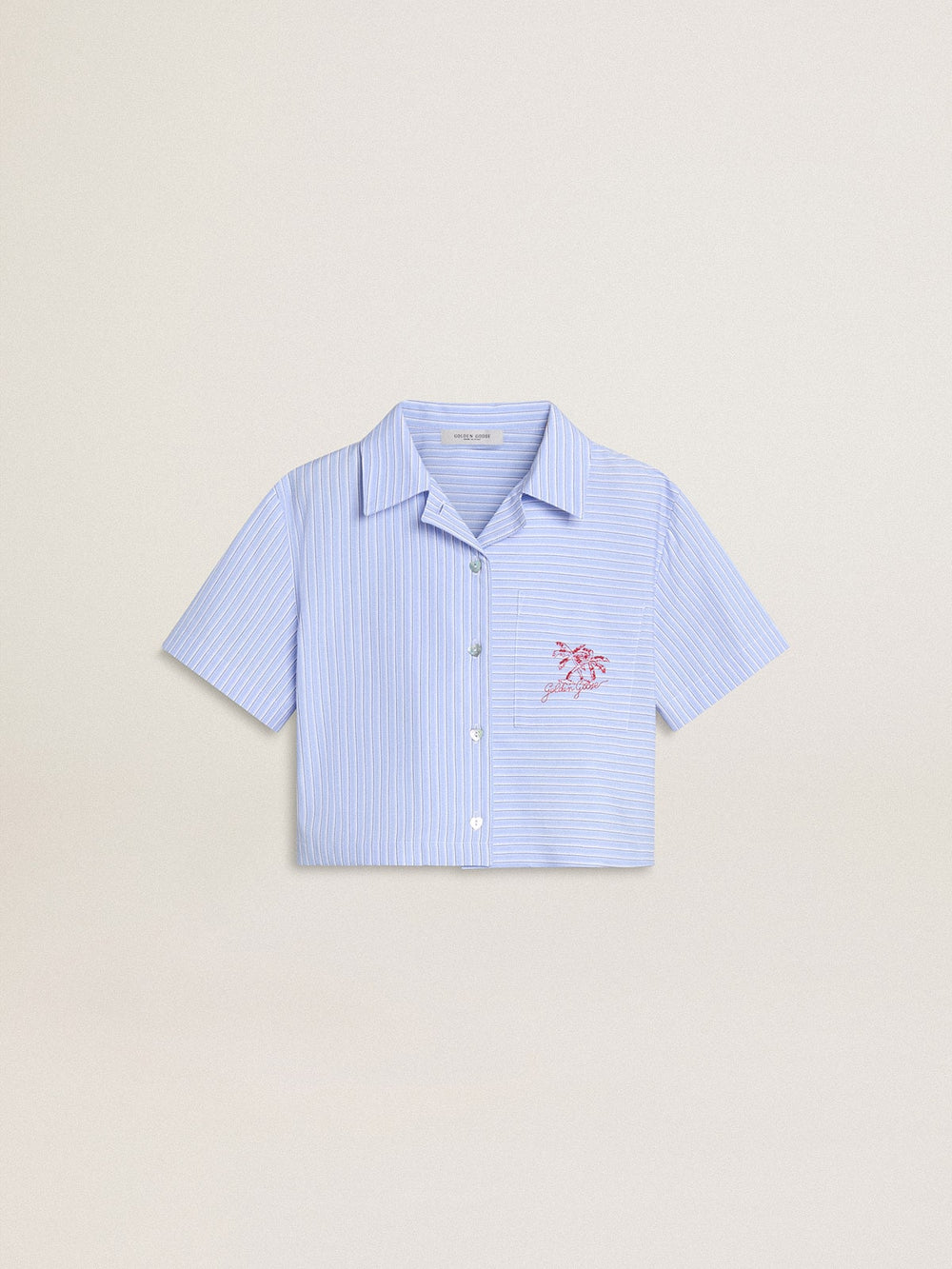 Girls' cropped shirt in striped light blue cotton