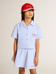 Girls' cropped shirt in striped light blue cotton
