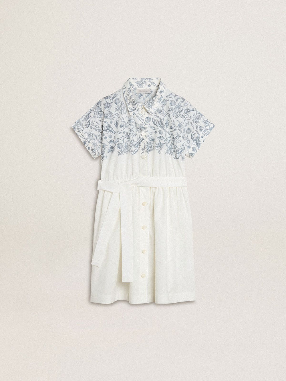 Girls’ shirt dress in white cotton canvas with a blue nautical print and white piping