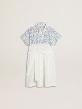 Girls’ shirt dress in white cotton canvas with a blue nautical print and white piping