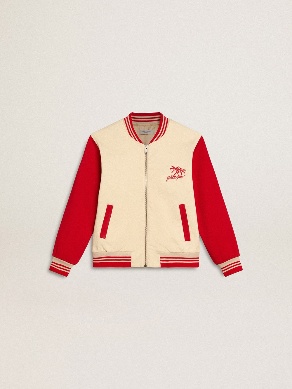 Kids' bomber jacket in beige and red cotton with embroidery on the chest