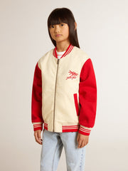 Kids' bomber jacket in beige and red cotton with embroidery on the chest