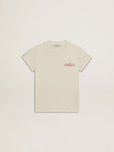 Girls' cotton T-shirt in worn white with red embroidery on the chest