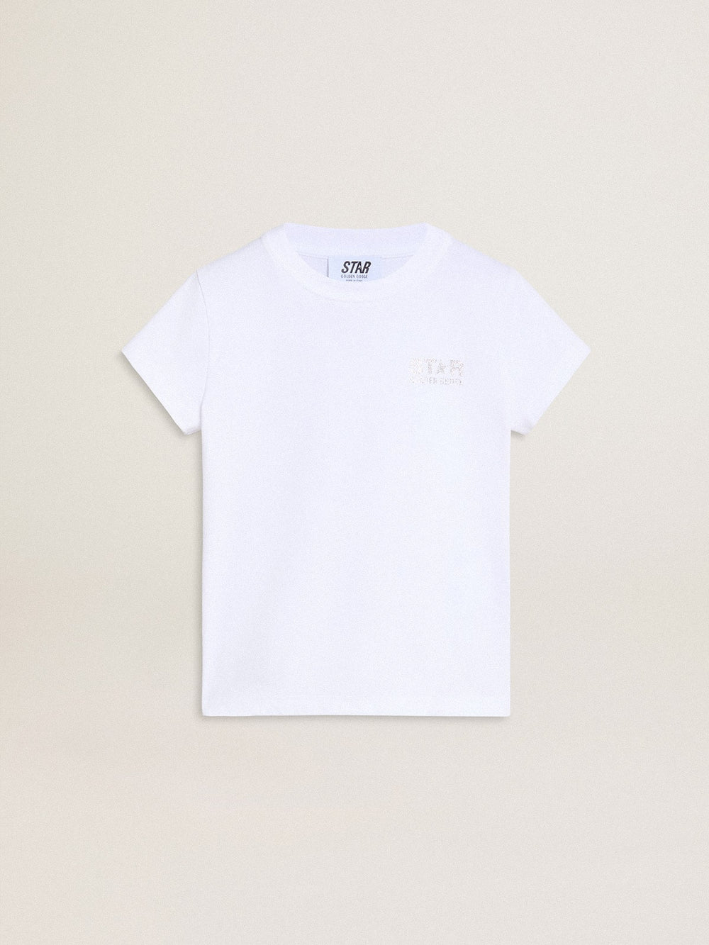 White and silver T-shirt with logo and maxi star in silver glitter
