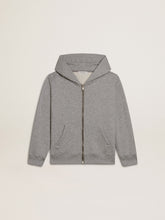 Gray melange hooded sweatshirt with print on the back