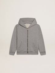 Gray melange hooded sweatshirt with print on the back
