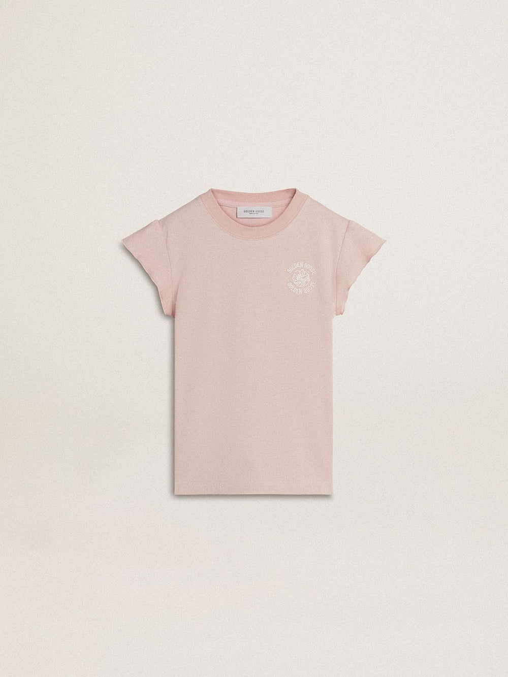 Girls' pink T-shirt with ruffled sleeves and embroidery